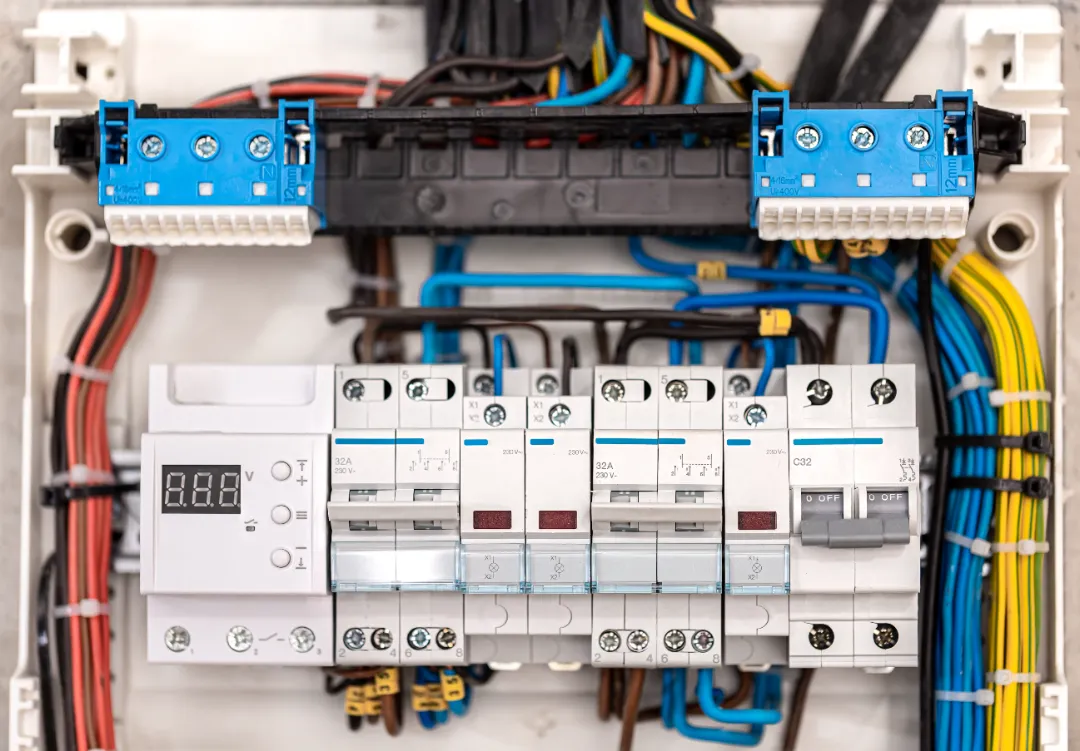 176160337_l Voltage switchboard with circuit breakers, close up.